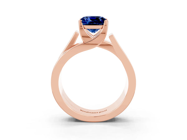 Rose gold Modern Tension Set Cushion Cut Blue Sapphire Solitaire Wide Band Ring