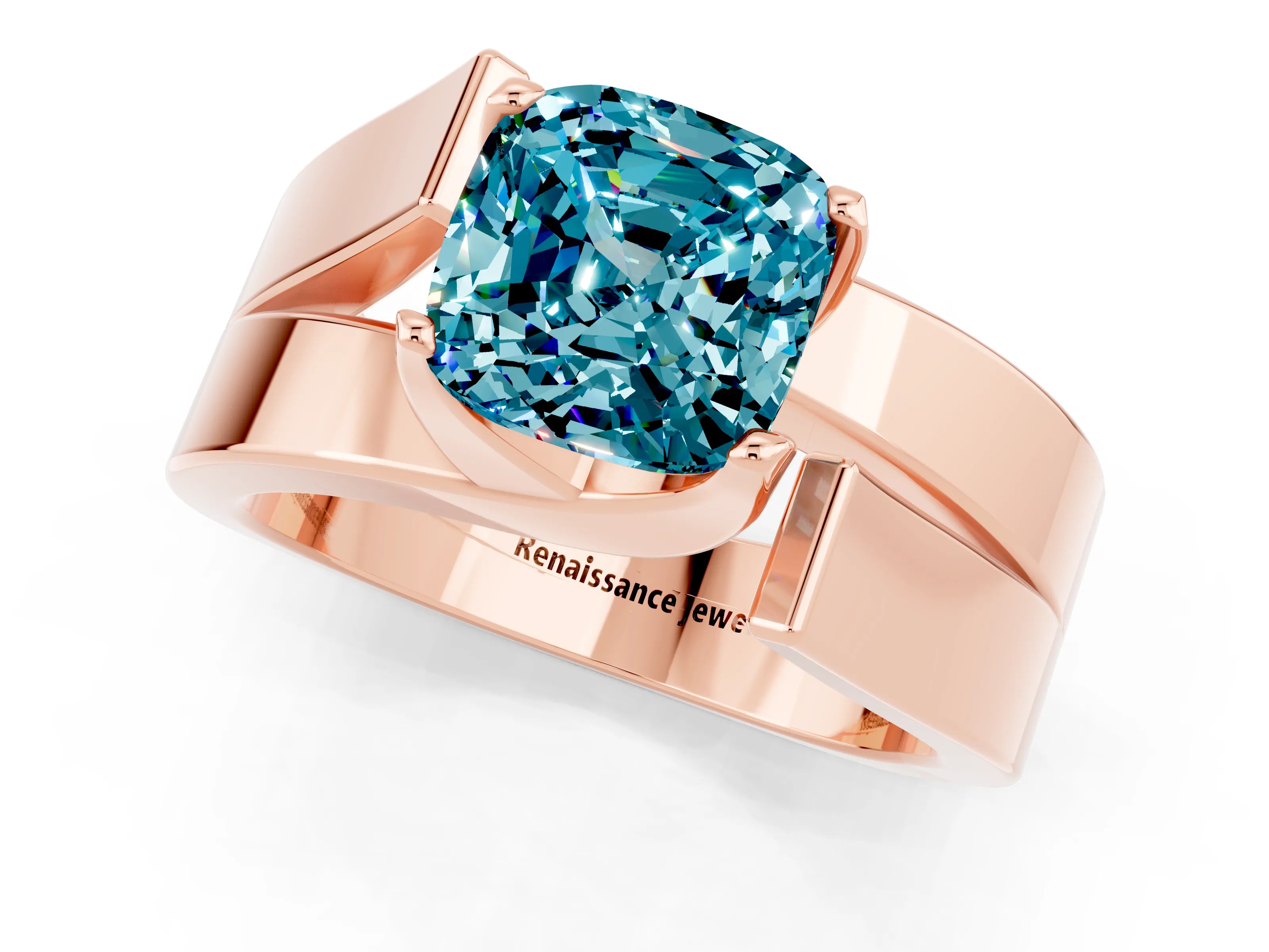 Rose gold Modern Tension Set Cushion Cut Blue Topaz Solitaire Wide Band Ring_1