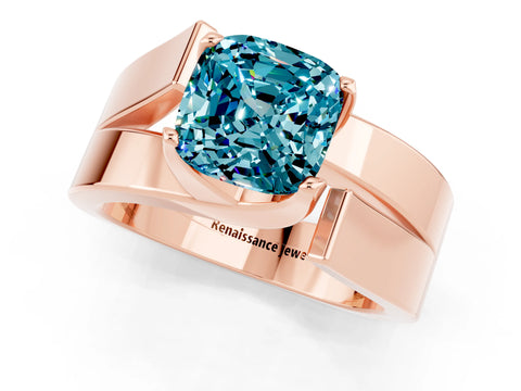 Rose gold Modern Tension Set Cushion Cut Blue Topaz Solitaire Wide Band Ring_1