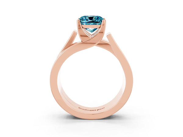 Rose gold Modern Tension Set Cushion Cut Blue Topaz Solitaire Wide Band Ring
