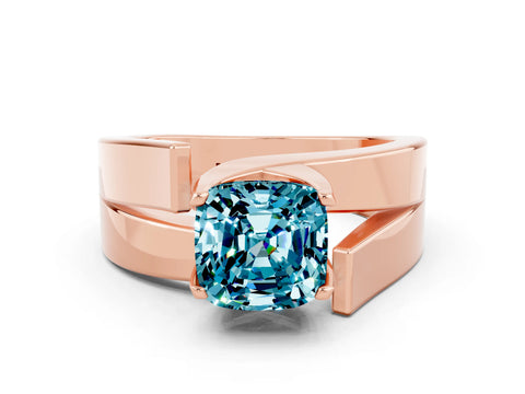 Rose gold Modern Tension Set Cushion Cut Blue Topaz Solitaire Wide Band Ring