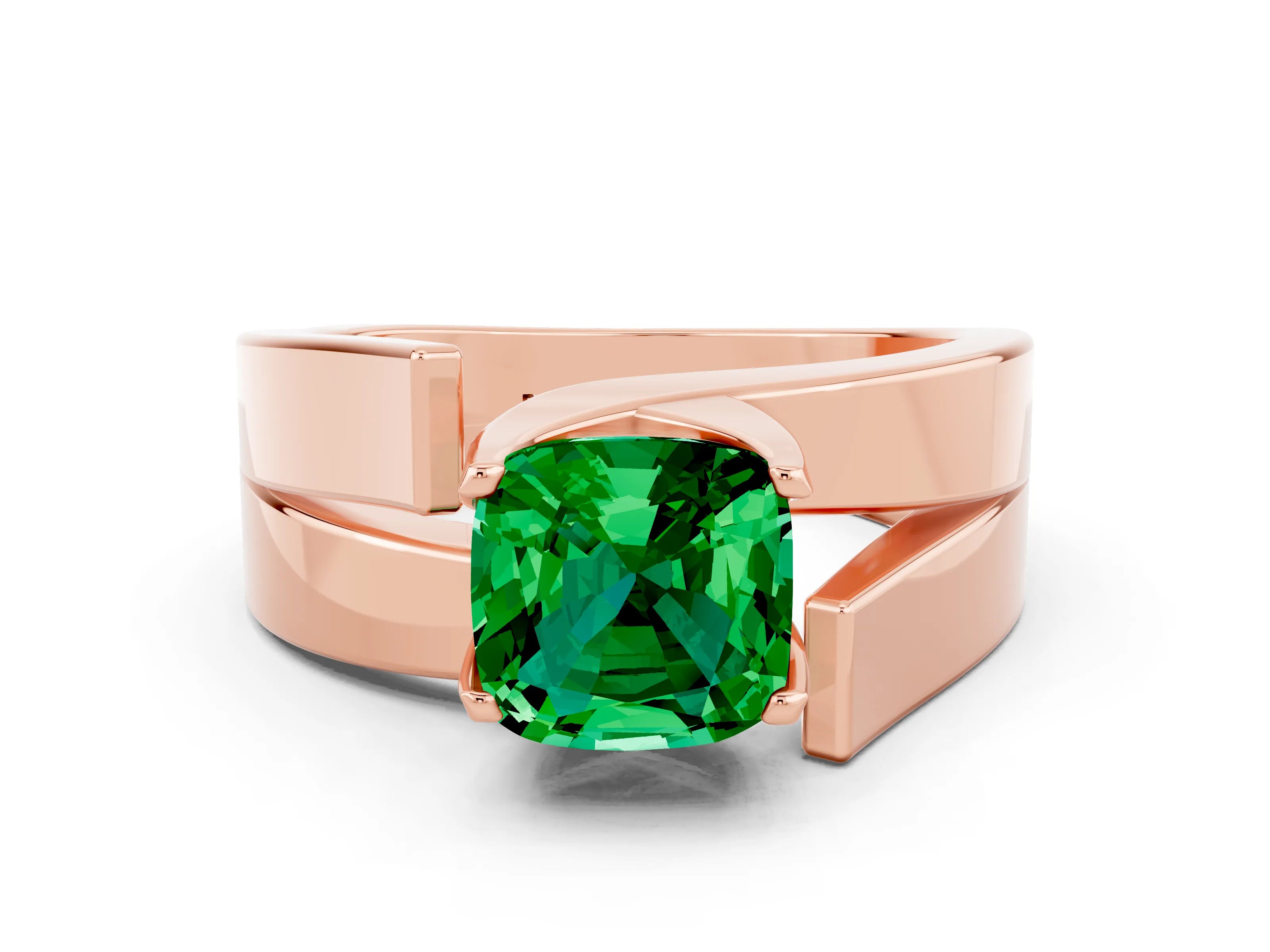 Rose gold Modern Tension Set Cushion Cut Emerald Solitaire Wide Band Ring