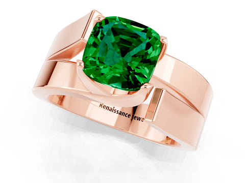Rose gold Modern Tension Set Cushion Cut Emerald Solitaire Wide Band Ring_1