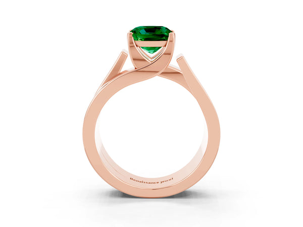 Rose gold Modern Tension Set Cushion Cut Emerald Solitaire Wide Band Ring