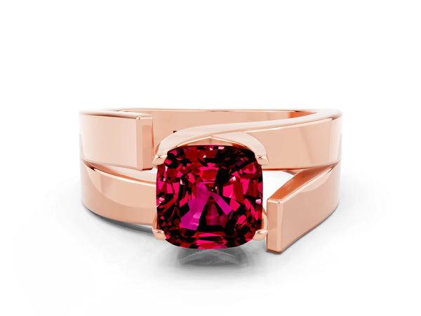 Rose gold Modern Tension Set Cushion Cut Garnet Solitaire Wide Band Ring