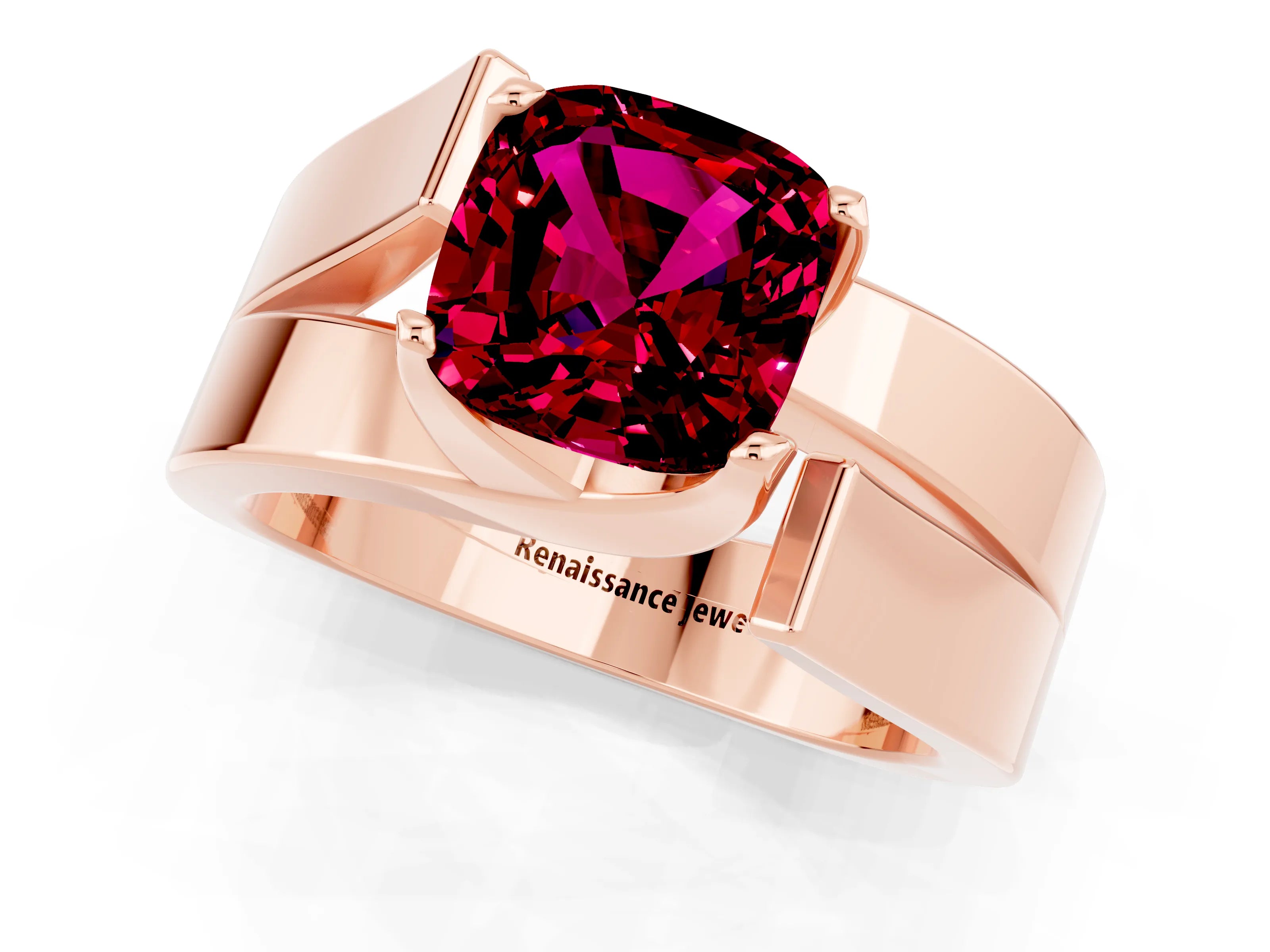 Rose gold Modern Tension Set Cushion Cut Garnet Solitaire Wide Band Ring_1