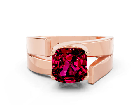 Rose gold Modern Tension Set Cushion Cut Garnet Solitaire Wide Band Ring