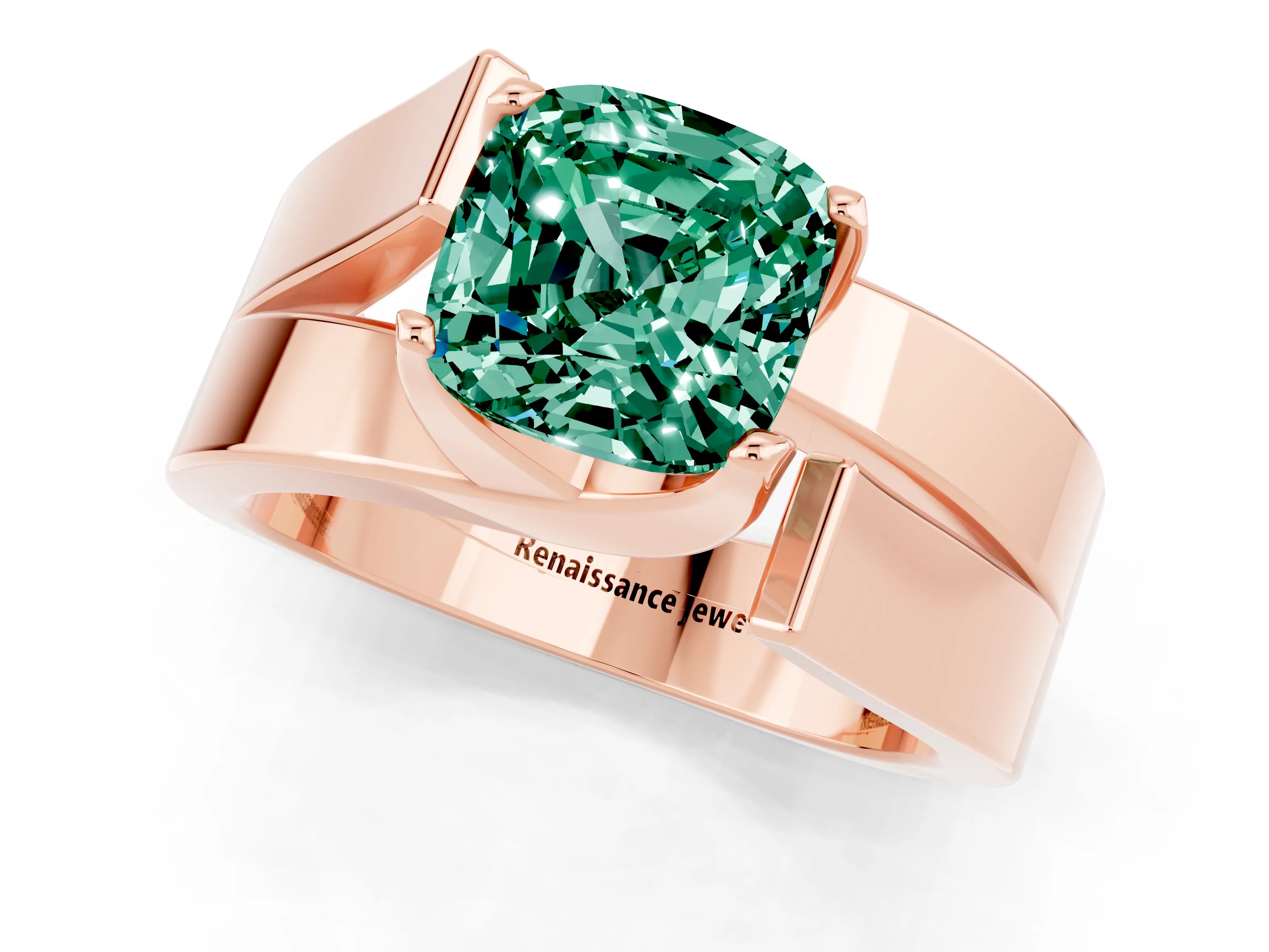 Rose gold Modern Tension Set Cushion Cut Green Sapphire Solitaire Wide Band Ring_1