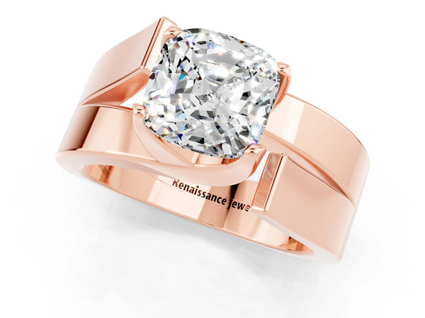 Rose gold Modern Tension Set Cushion Cut Moissanite Solitaire Wide Band Ring