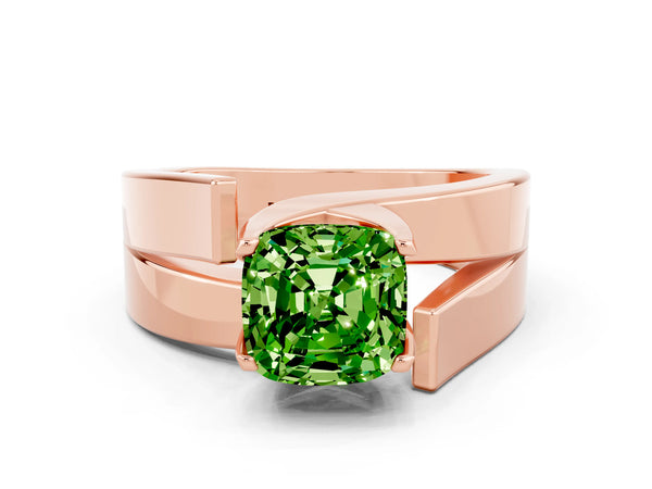 Rose gold Modern Tension Set Cushion Cut Peridot Solitaire Wide Band Ring