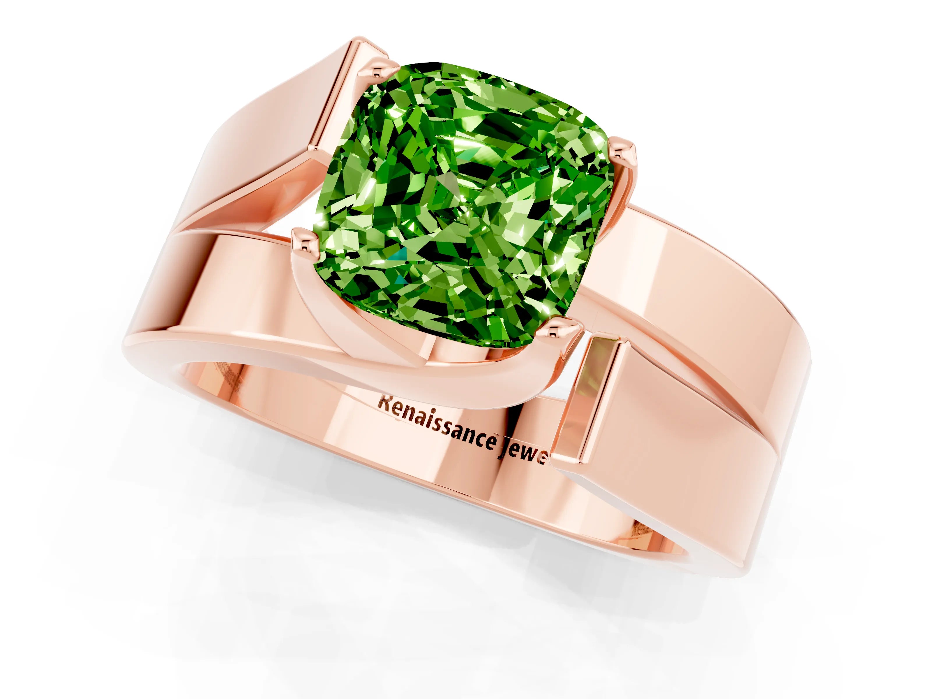 Rose gold Modern Tension Set Cushion Cut Peridot Solitaire Wide Band Ring_1