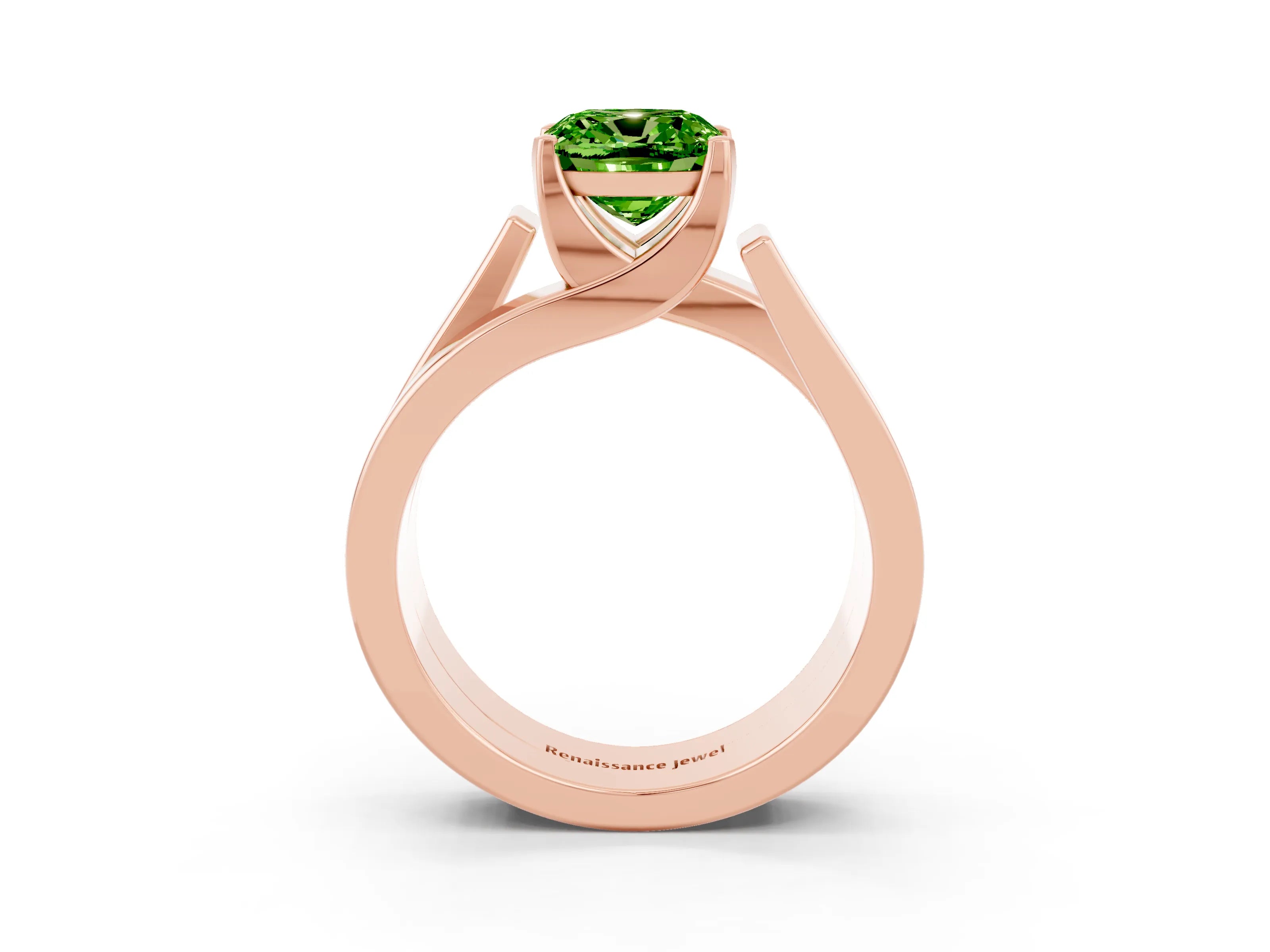 Rose gold Modern Tension Set Cushion Cut Peridot Solitaire Wide Band Ring_3