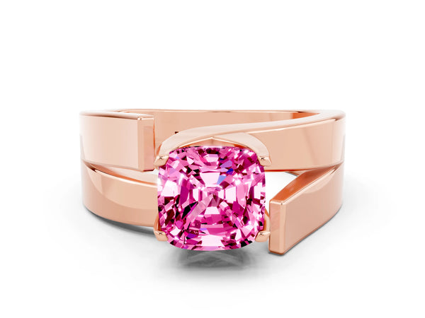 Rose gold Modern Tension Set Cushion Cut Pink Sapphire Solitaire Wide Band Ring