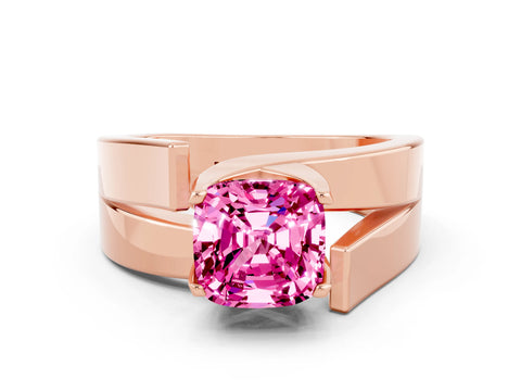 Rose gold Modern Tension Set Cushion Cut Pink Sapphire Solitaire Wide Band Ring_12