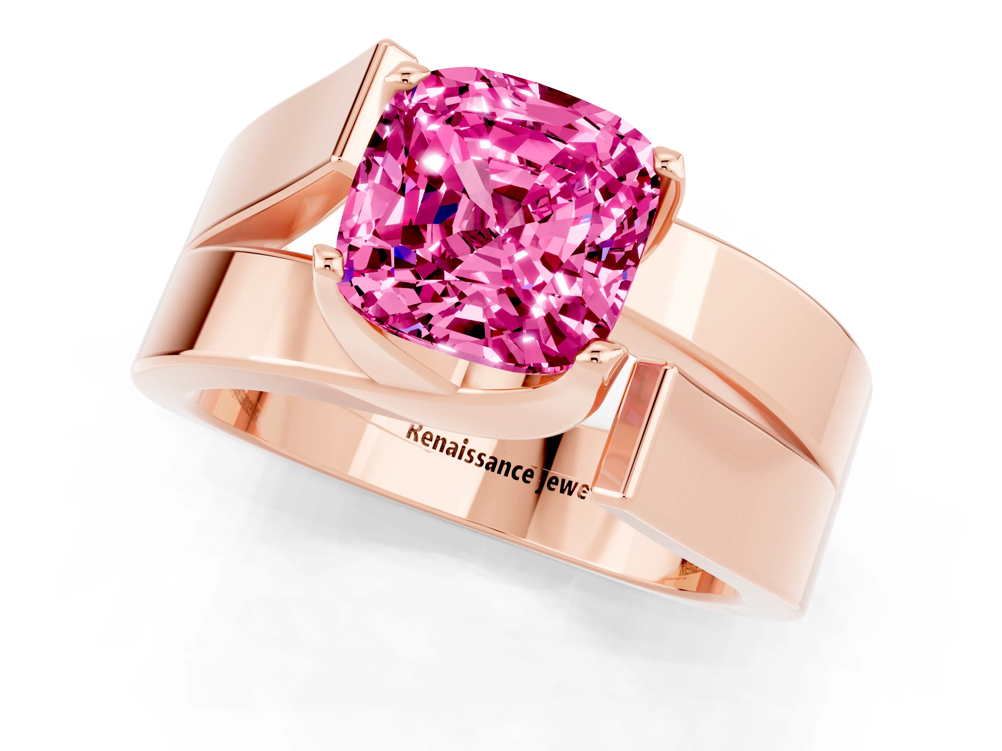 Rose gold Modern Tension Set Cushion Cut Pink Sapphire Solitaire Wide Band Ring_13
