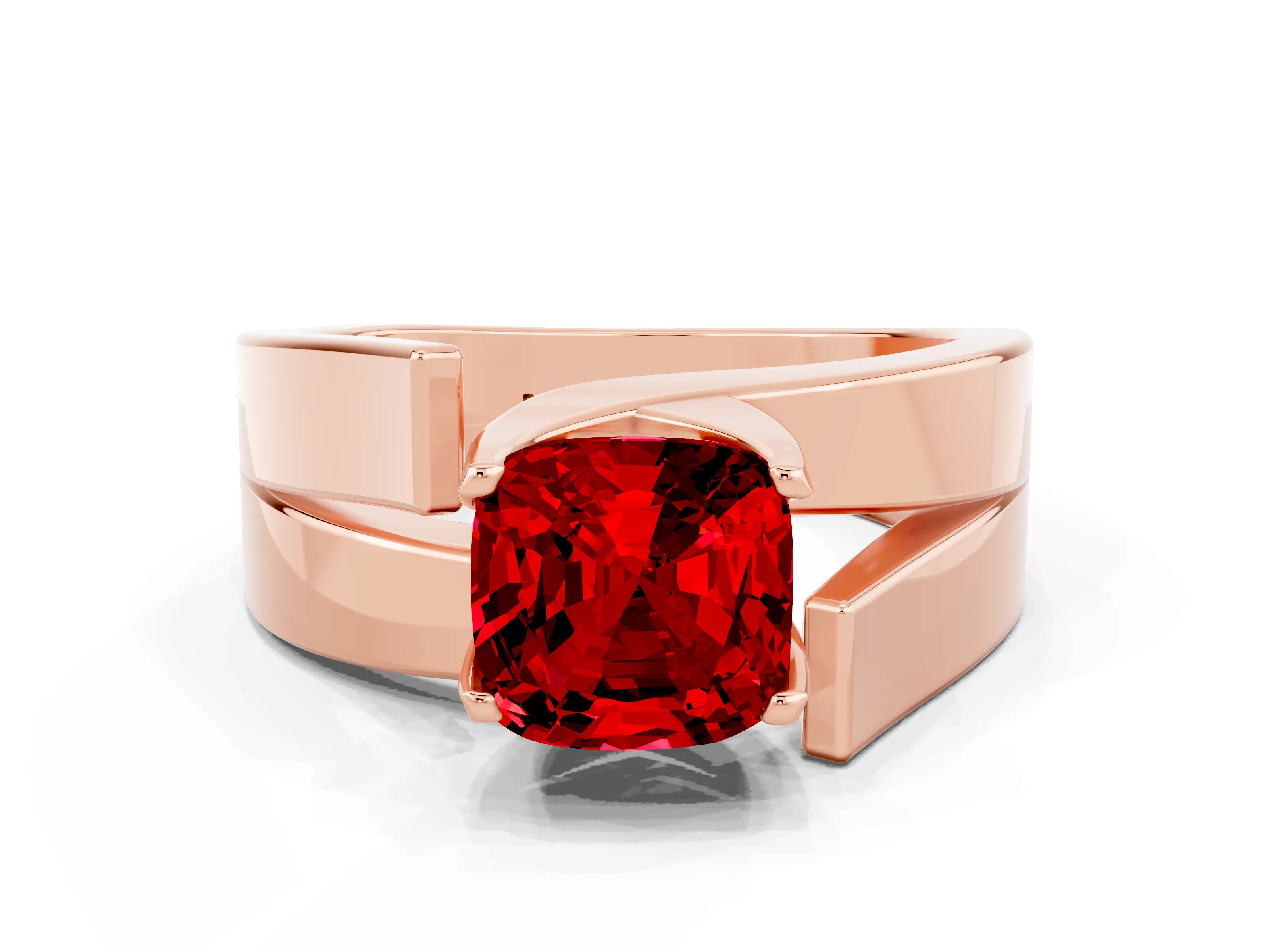 Rose gold Modern Tension Set Cushion Cut Ruby Solitaire Wide Band Ring