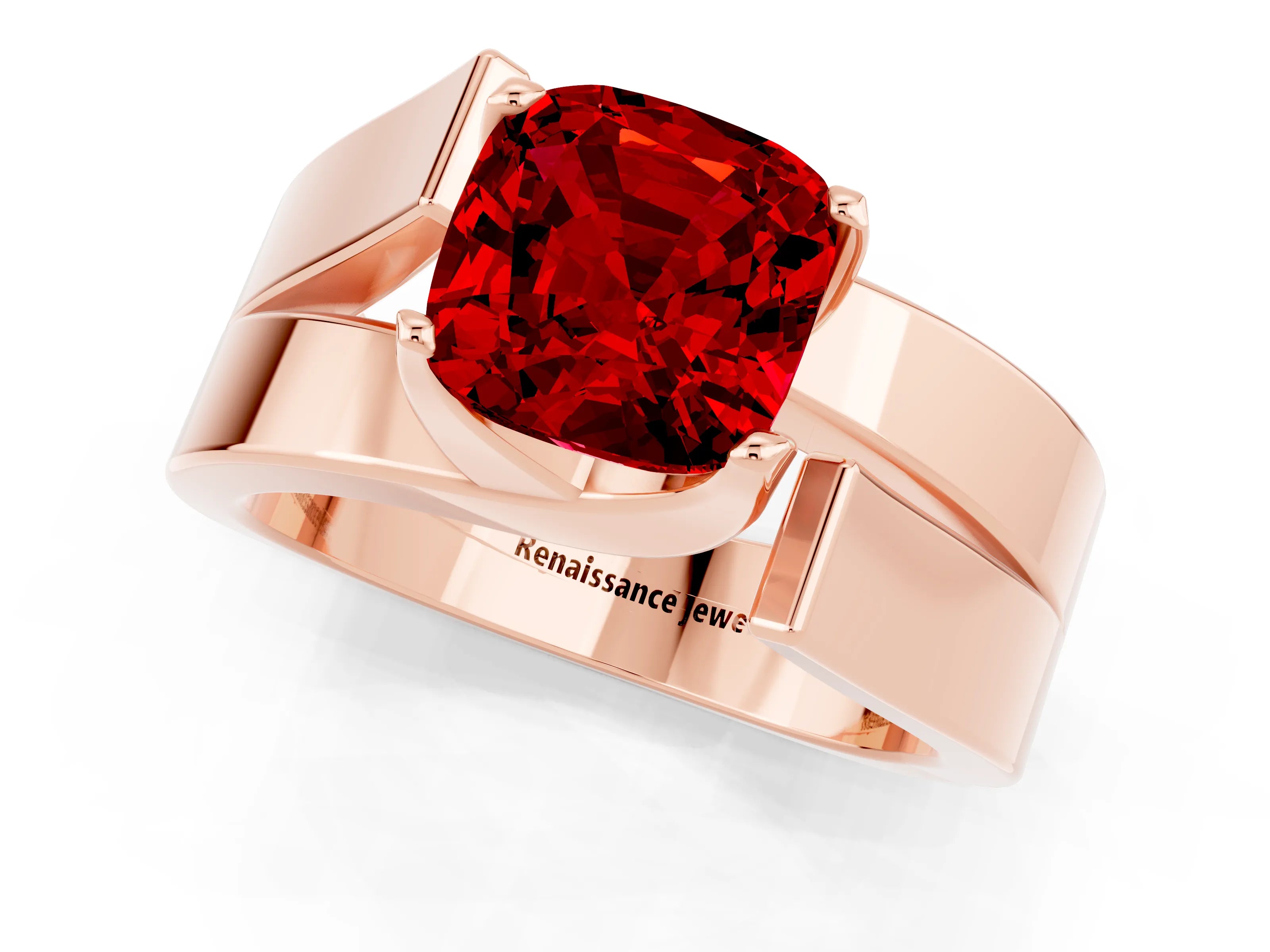 Rose gold Modern Tension Set Cushion Cut Ruby Solitaire Wide Band Ring_1