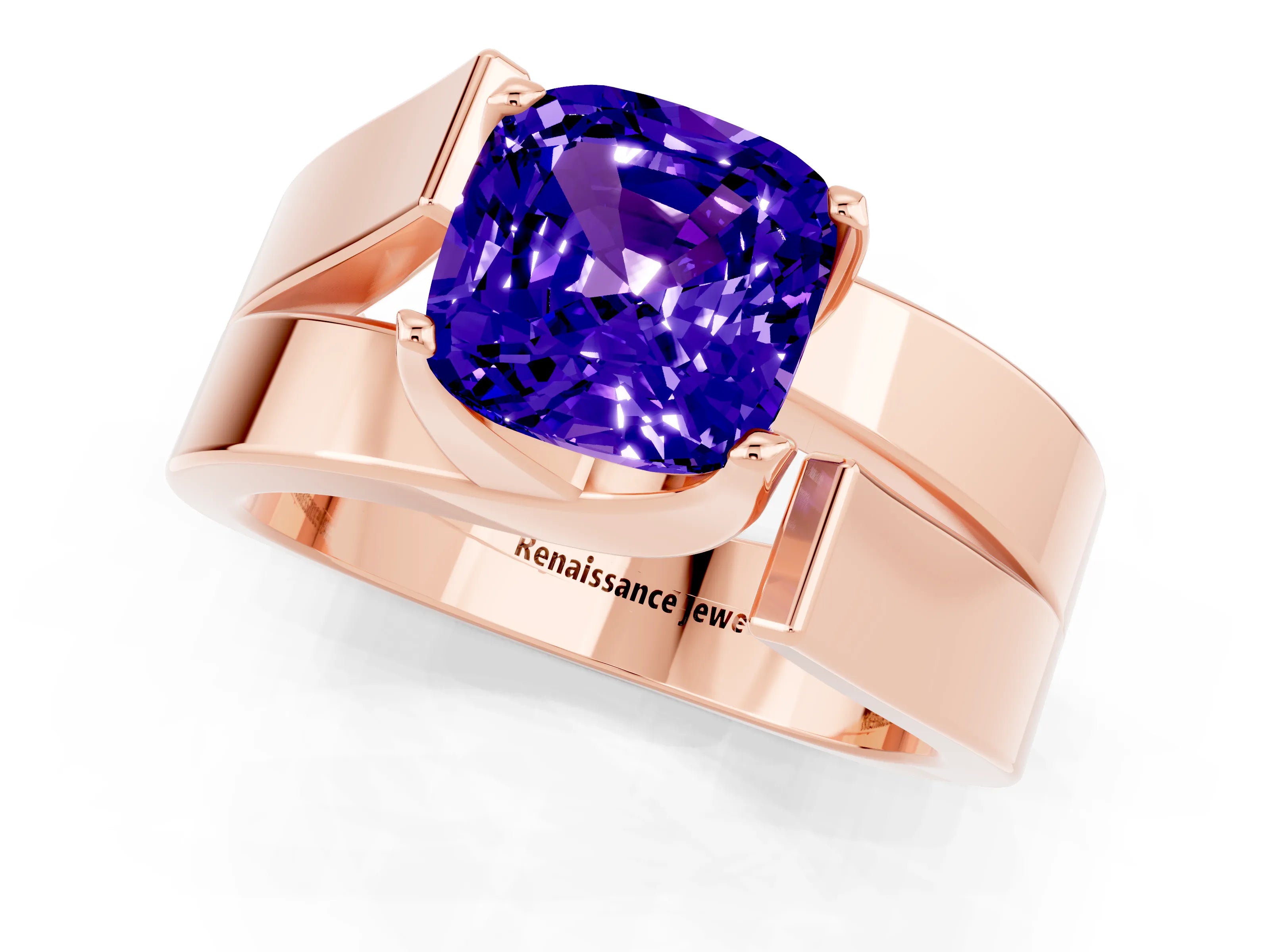 Rose gold Modern Tension Set Cushion Cut Tanzanite Solitaire Wide Band Ring_1