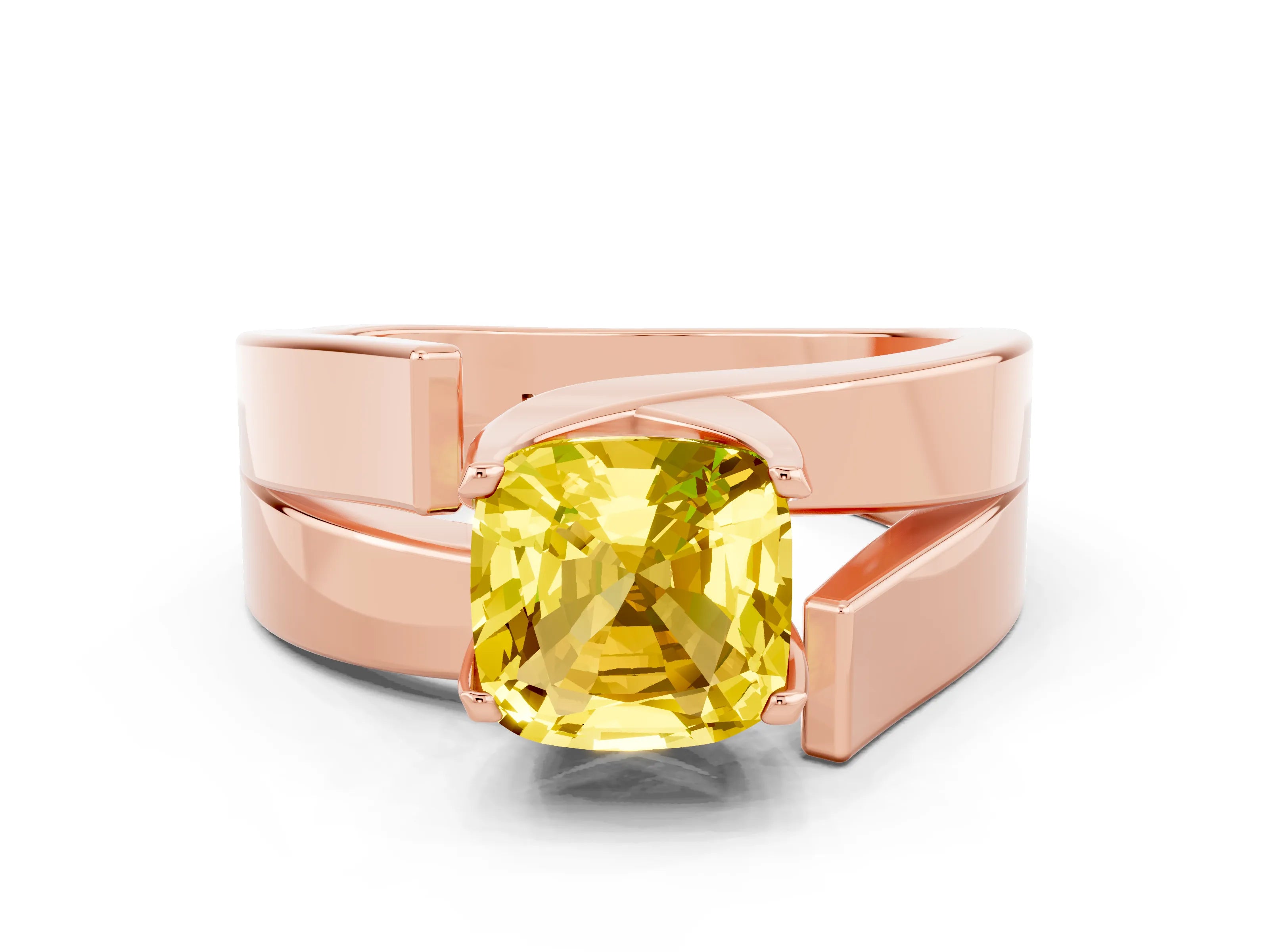 Rose gold Modern Tension Set Cushion Cut Yellow Sapphire Solitaire Wide Band Ring_12