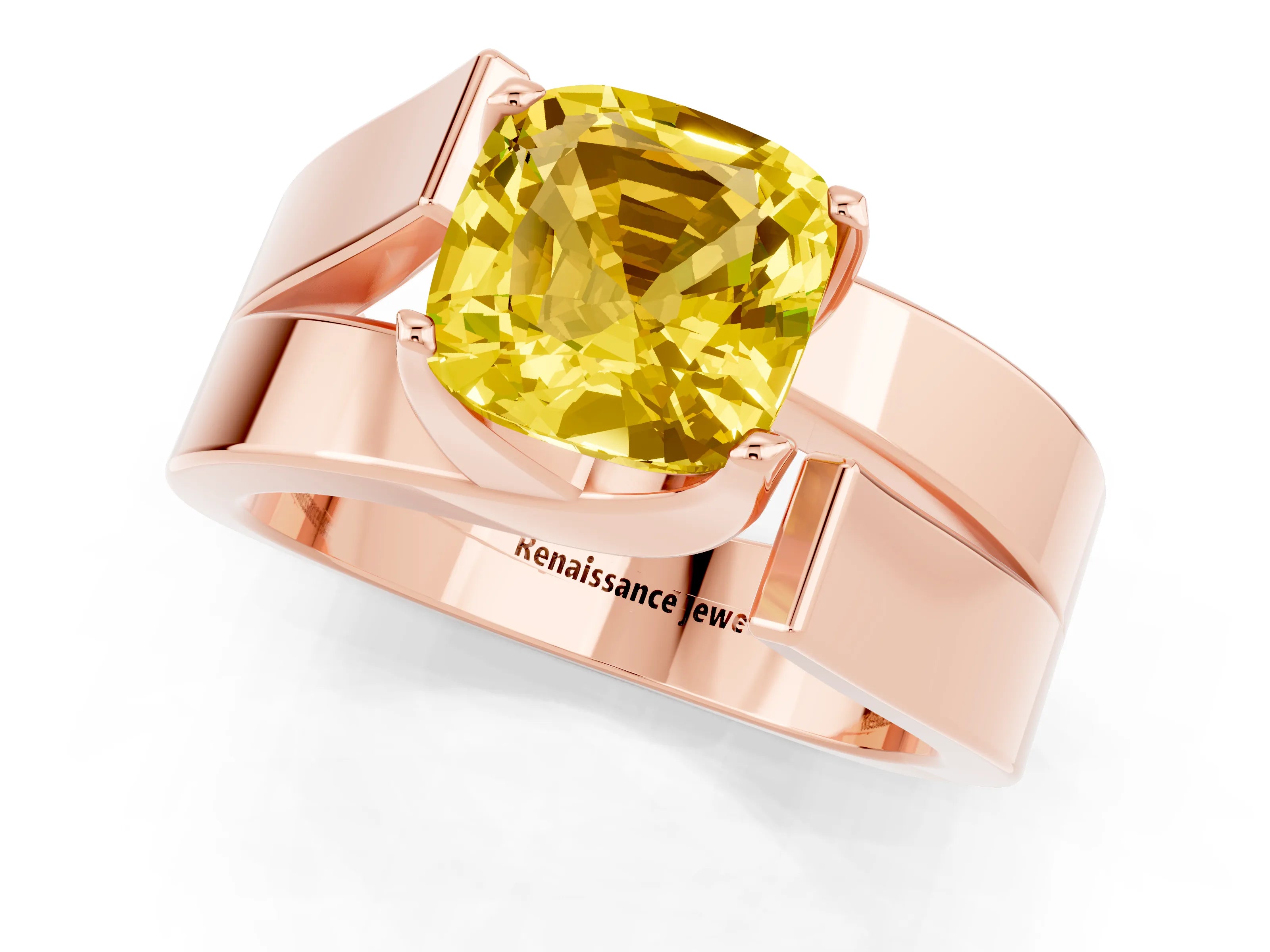 Rose gold Modern Tension Set Cushion Cut Yellow Sapphire Solitaire Wide Band Ring_13