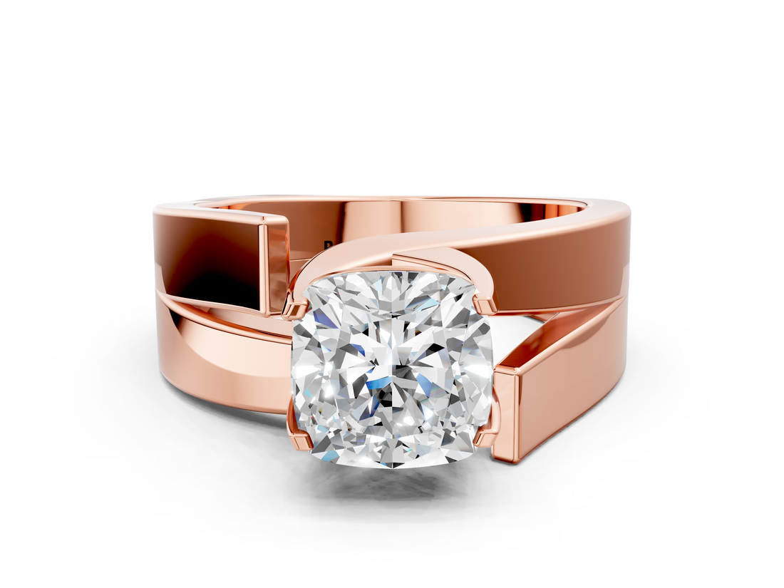 Rose gold Modern Tension Set Cushion Solitaire Wide Band Ring_124