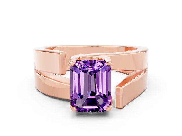 Rose gold Modern Tension Set Emerald Cut Amethyst Solitaire Wide Band Ring