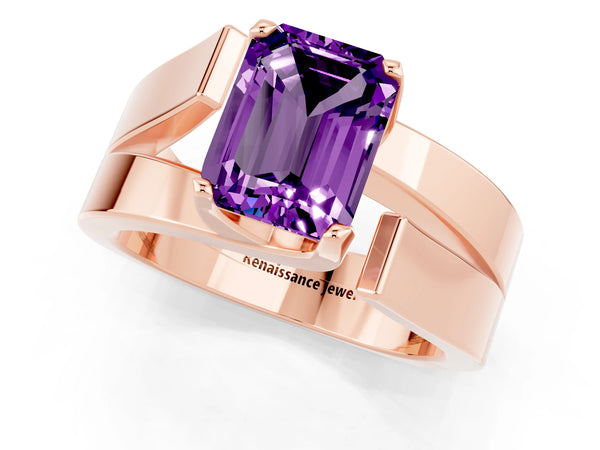 Rose gold Modern Tension Set Emerald Cut Amethyst Solitaire Wide Band Ring