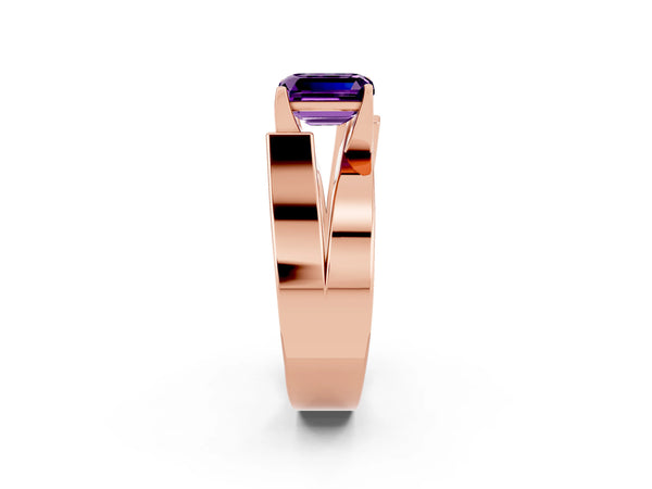Rose gold Modern Tension Set Emerald Cut Amethyst Solitaire Wide Band Ring