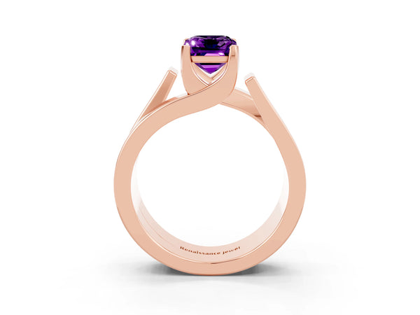 Rose gold Modern Tension Set Emerald Cut Amethyst Solitaire Wide Band Ring