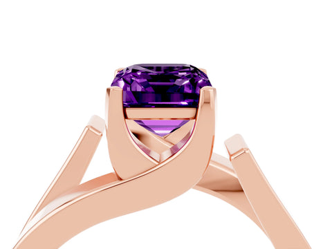 Rose gold Modern Tension Set Emerald Cut Amethyst Solitaire Wide Band Ring_16