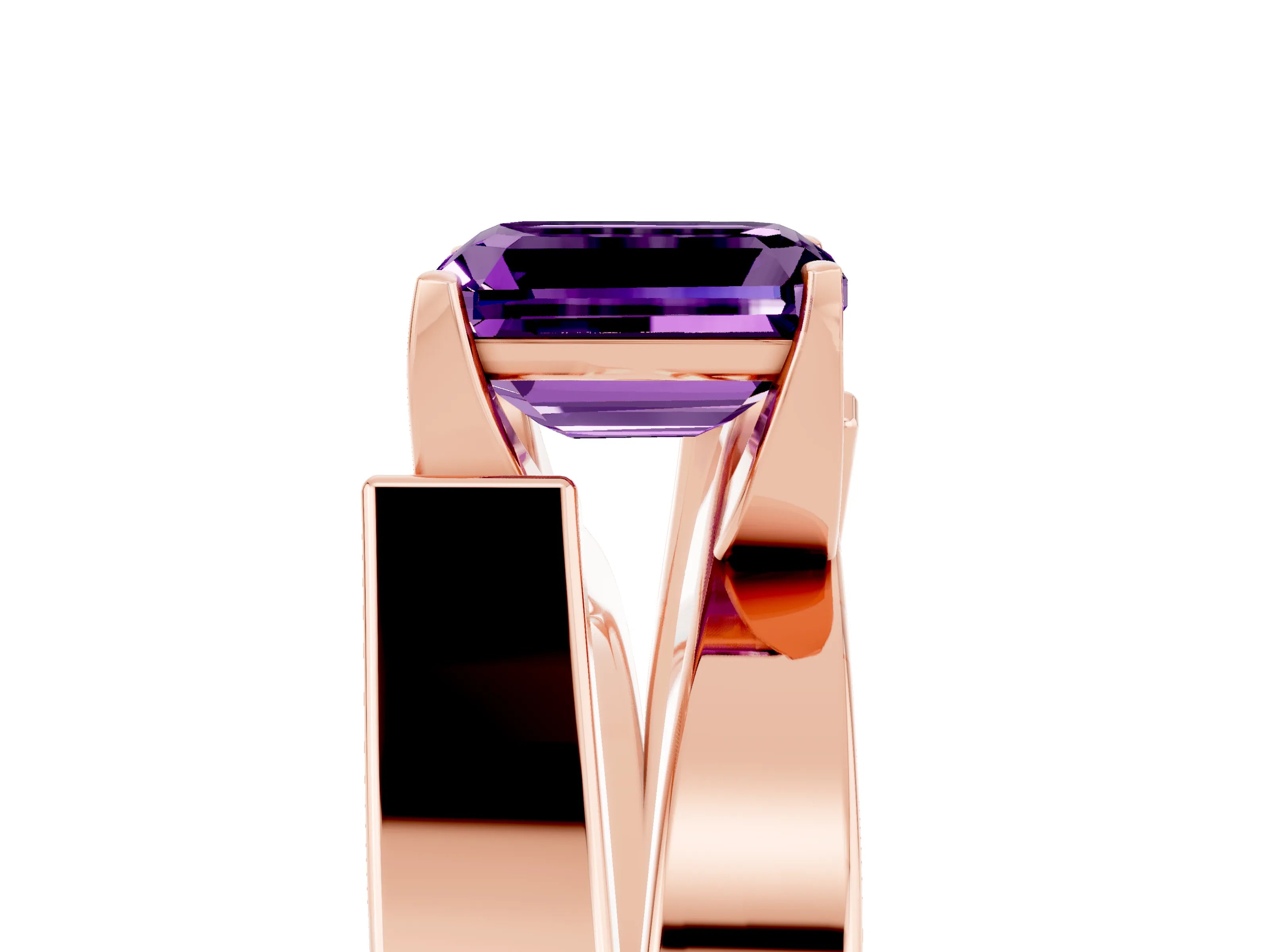 Rose gold Modern Tension Set Emerald Cut Amethyst Solitaire Wide Band Ring_17