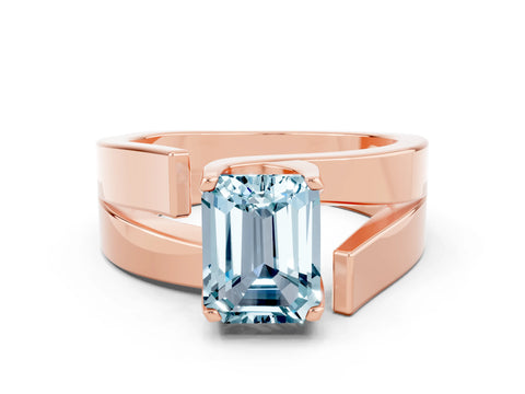 Rose gold Modern Tension Set Emerald Cut Aquamarine Solitaire Wide Band Ring_12