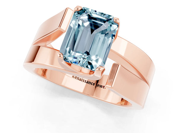 Rose gold Modern Tension Set Emerald Cut Aquamarine Solitaire Wide Band Ring