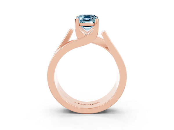 Rose gold Modern Tension Set Emerald Cut Aquamarine Solitaire Wide Band Ring