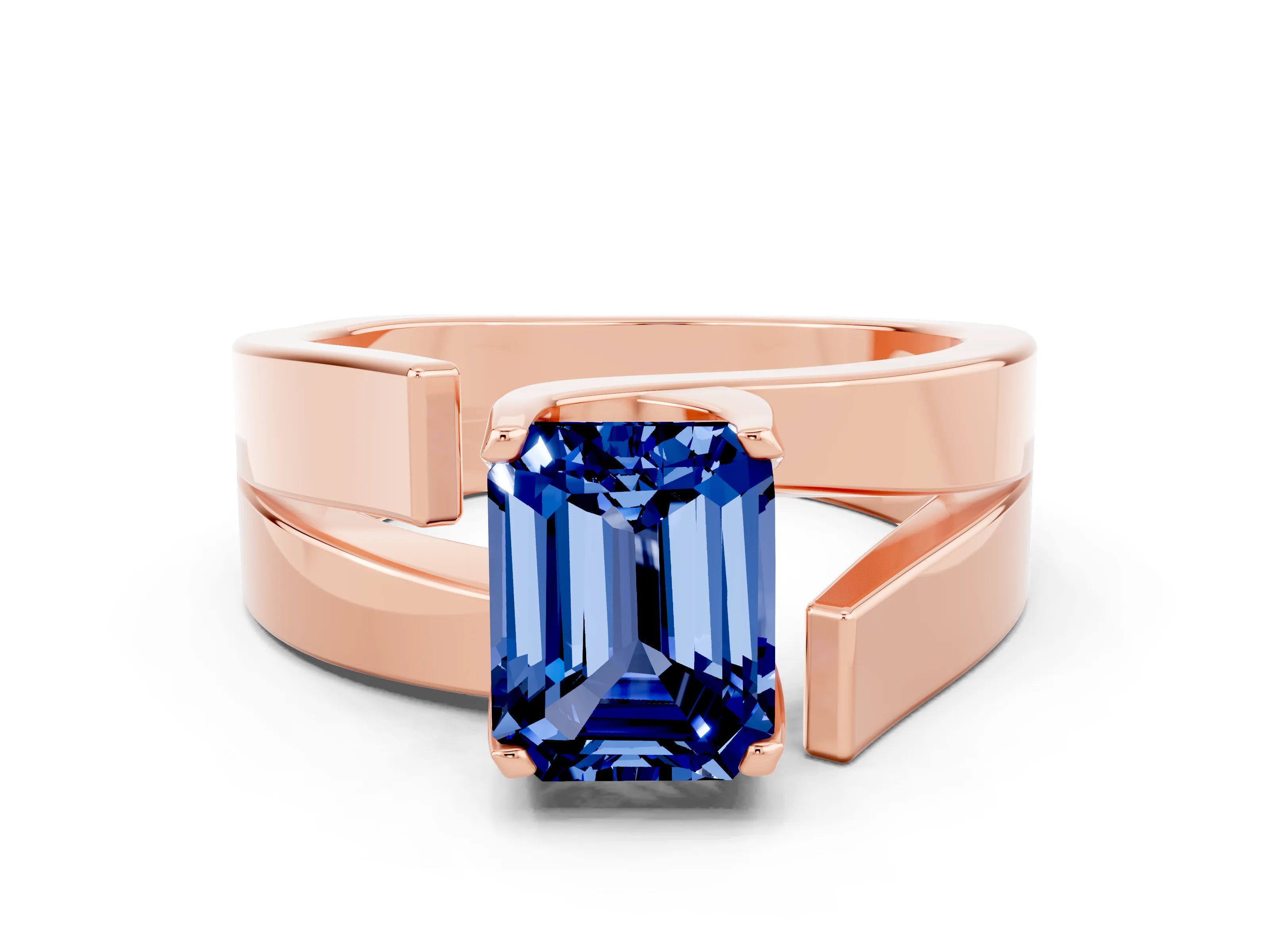 Rose gold Modern Tension Set Emerald Cut Blue Sapphire Solitaire Wide Band Ring