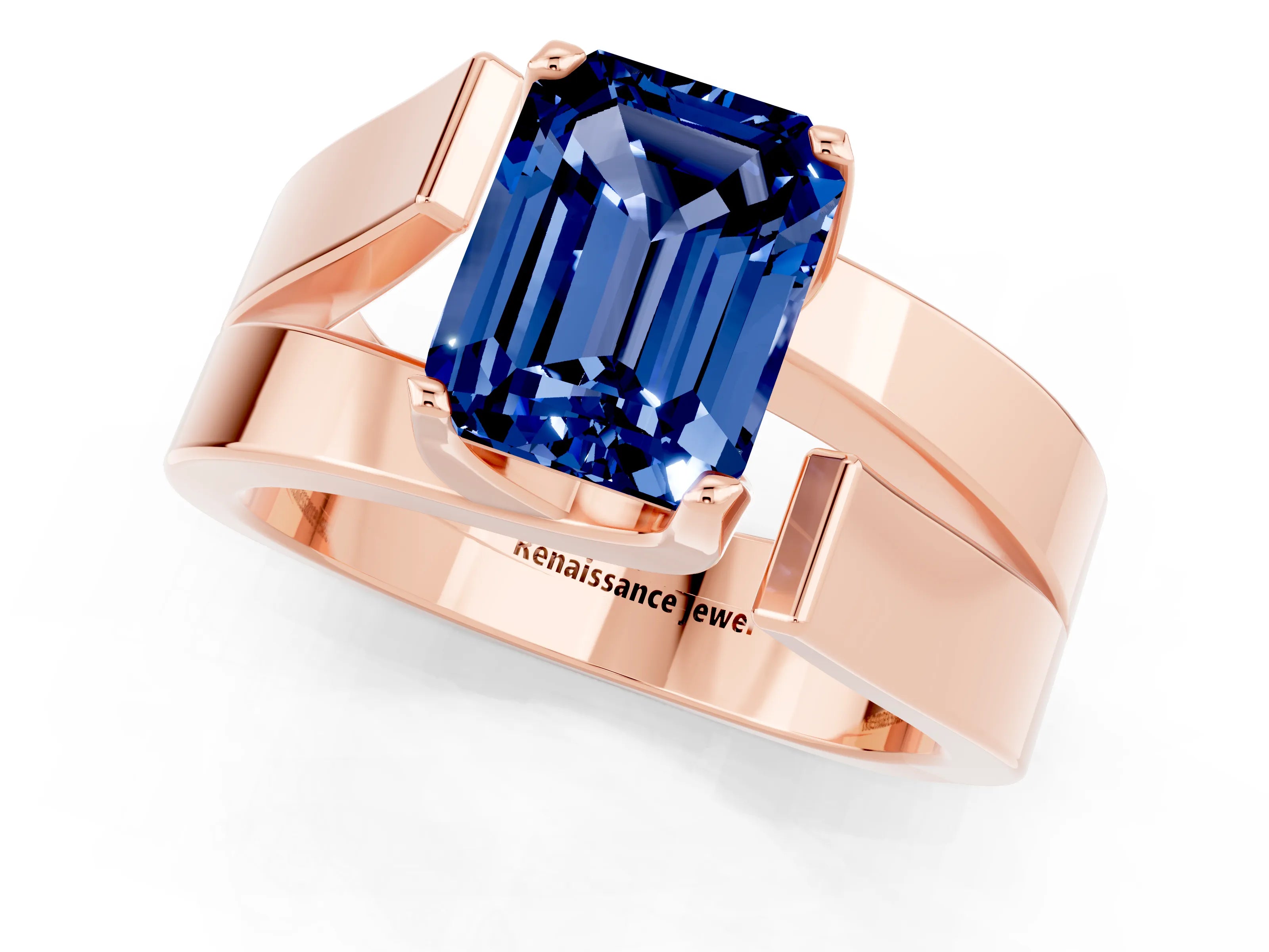 Rose gold Modern Tension Set Emerald Cut Blue Sapphire Solitaire Wide Band Ring_1