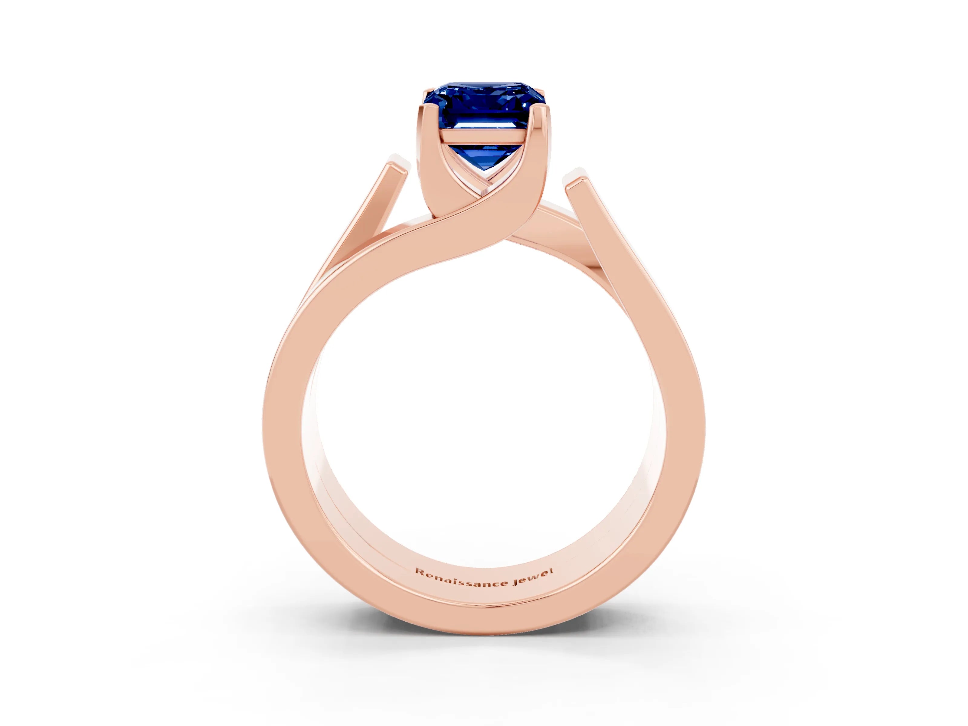 Rose gold Modern Tension Set Emerald Cut Blue Sapphire Solitaire Wide Band Ring_3