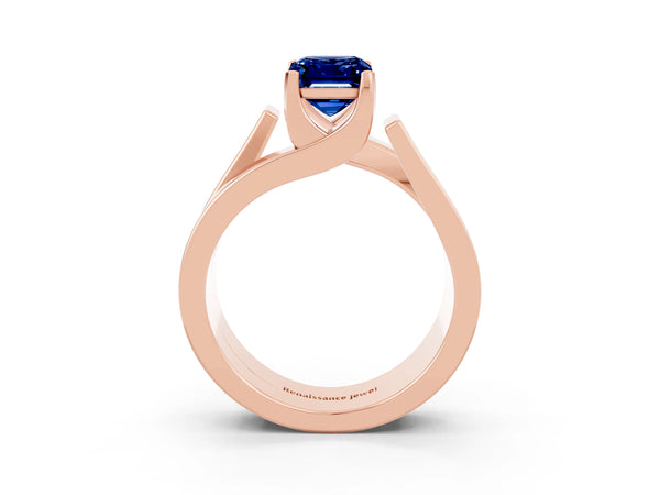 Rose gold Modern Tension Set Emerald Cut Blue Sapphire Solitaire Wide Band Ring