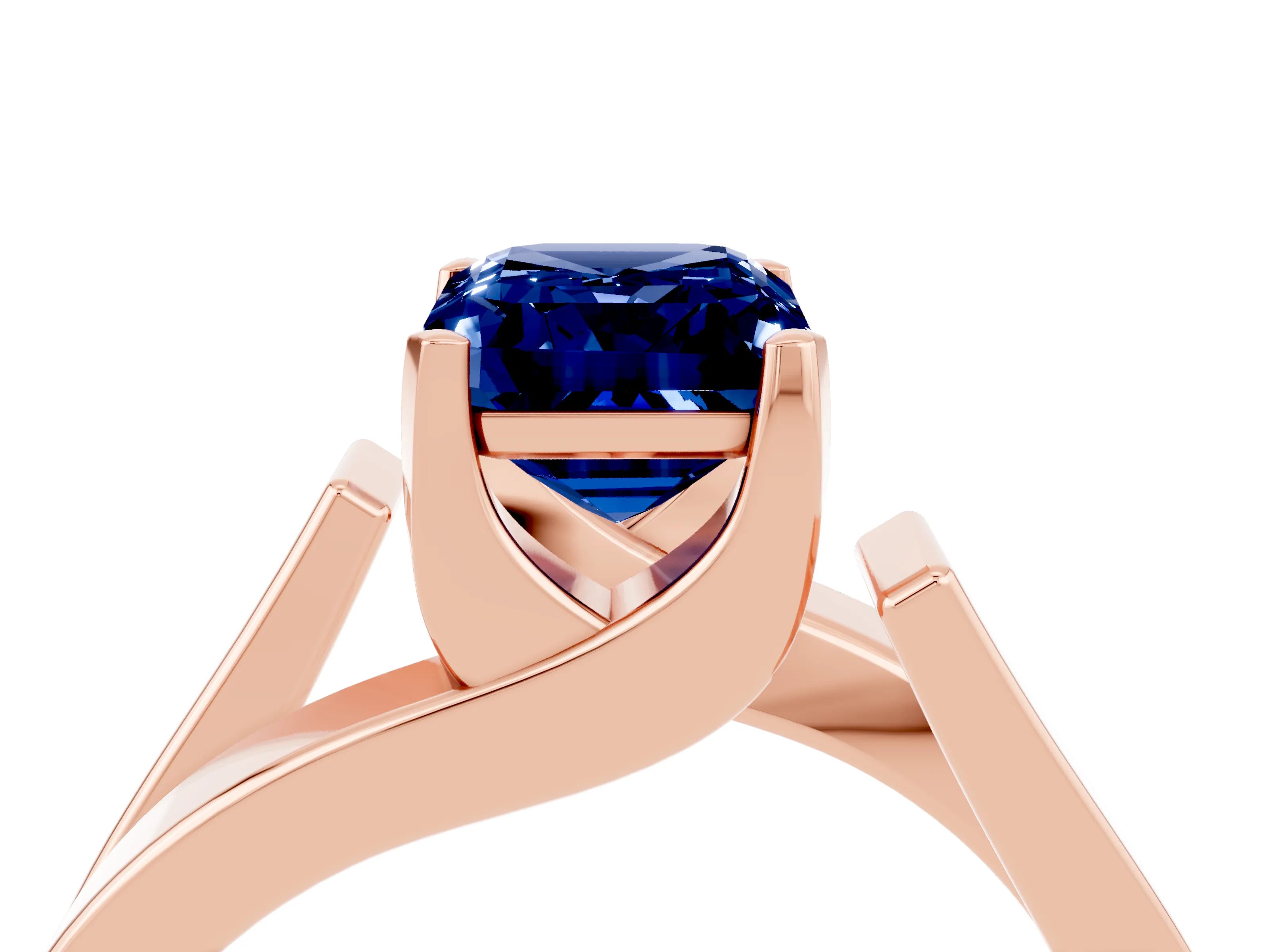 Rose gold Modern Tension Set Emerald Cut Blue Sapphire Solitaire Wide Band Ring_4