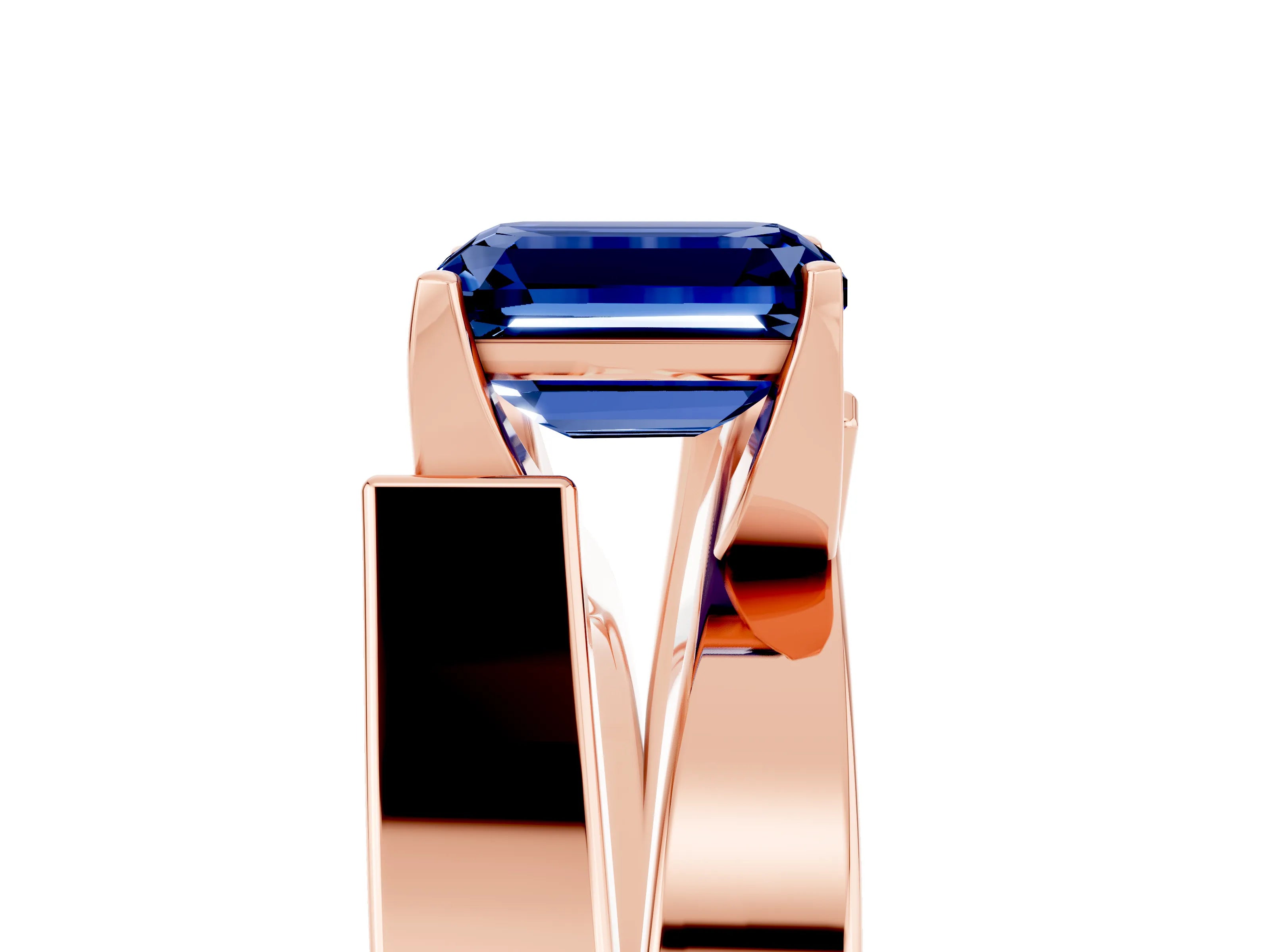 Rose gold Modern Tension Set Emerald Cut Blue Sapphire Solitaire Wide Band Ring_5