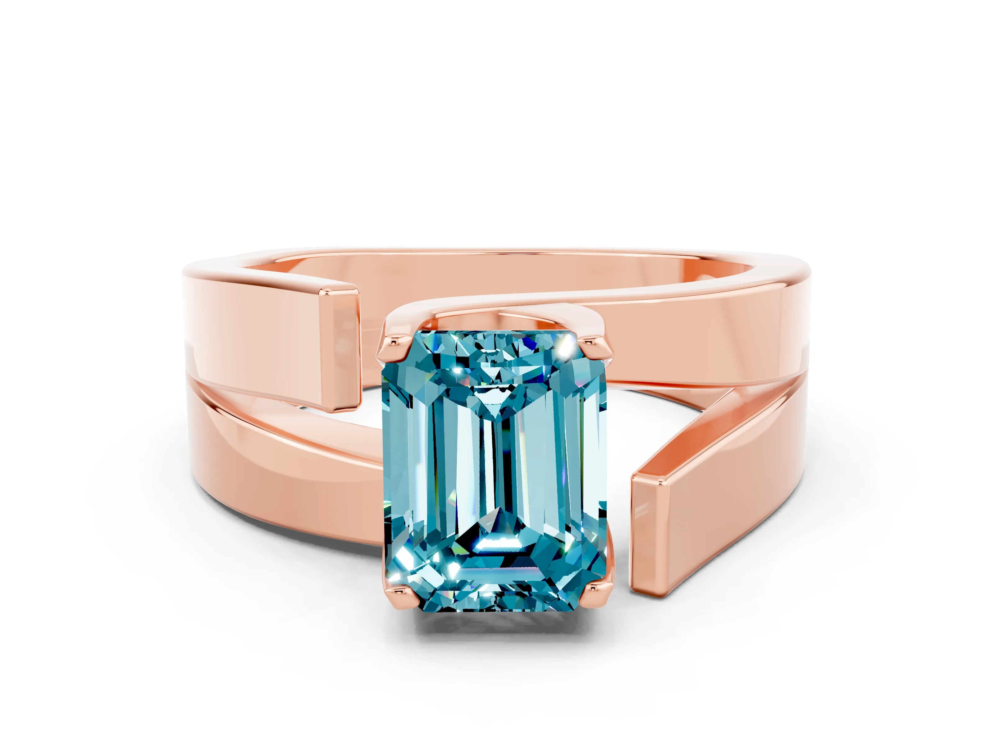Rose gold Modern Tension Set Emerald Cut Blue Topaz Solitaire Wide Band Ring