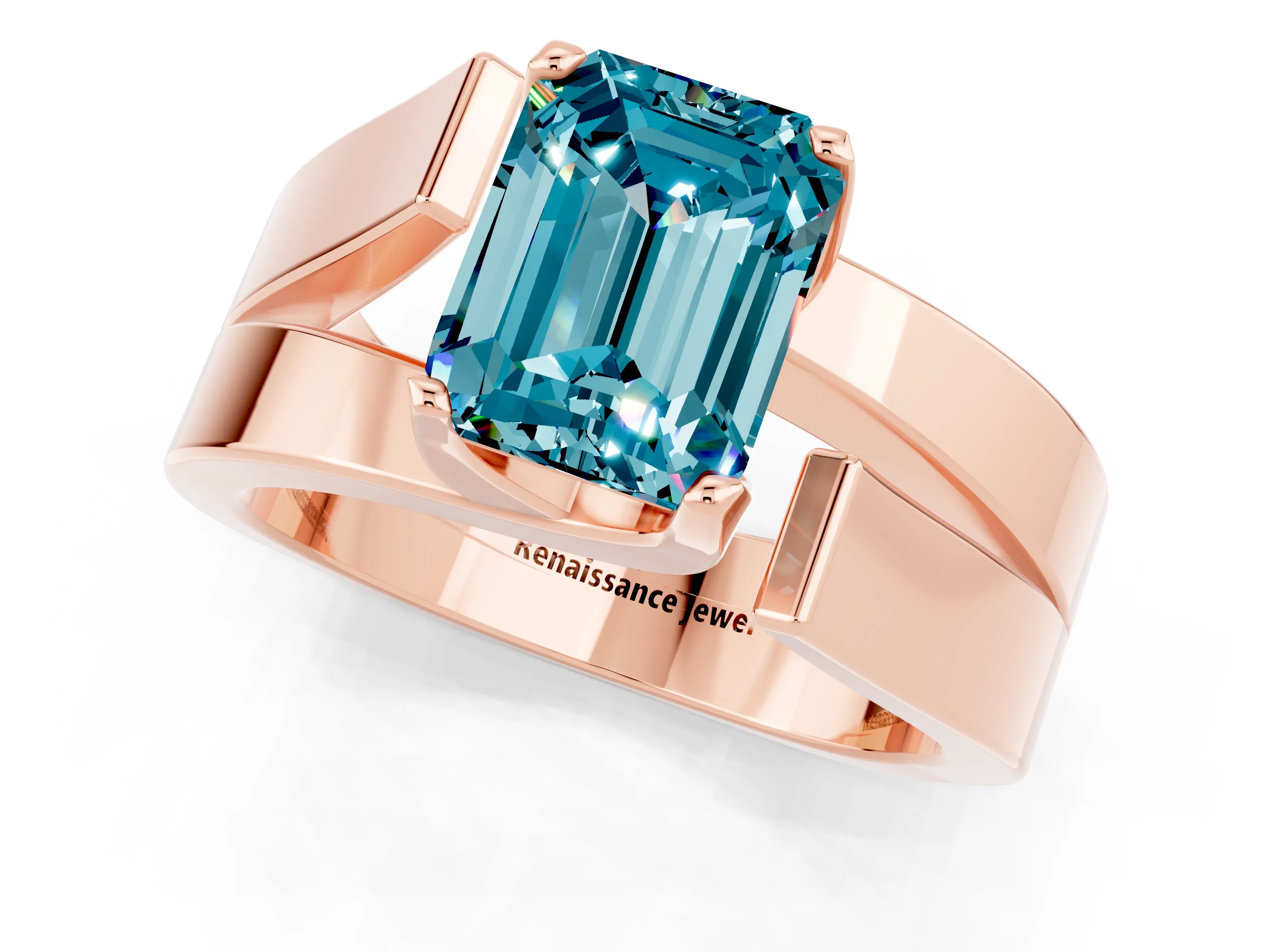 Rose gold Modern Tension Set Emerald Cut Blue Topaz Solitaire Wide Band Ring_1