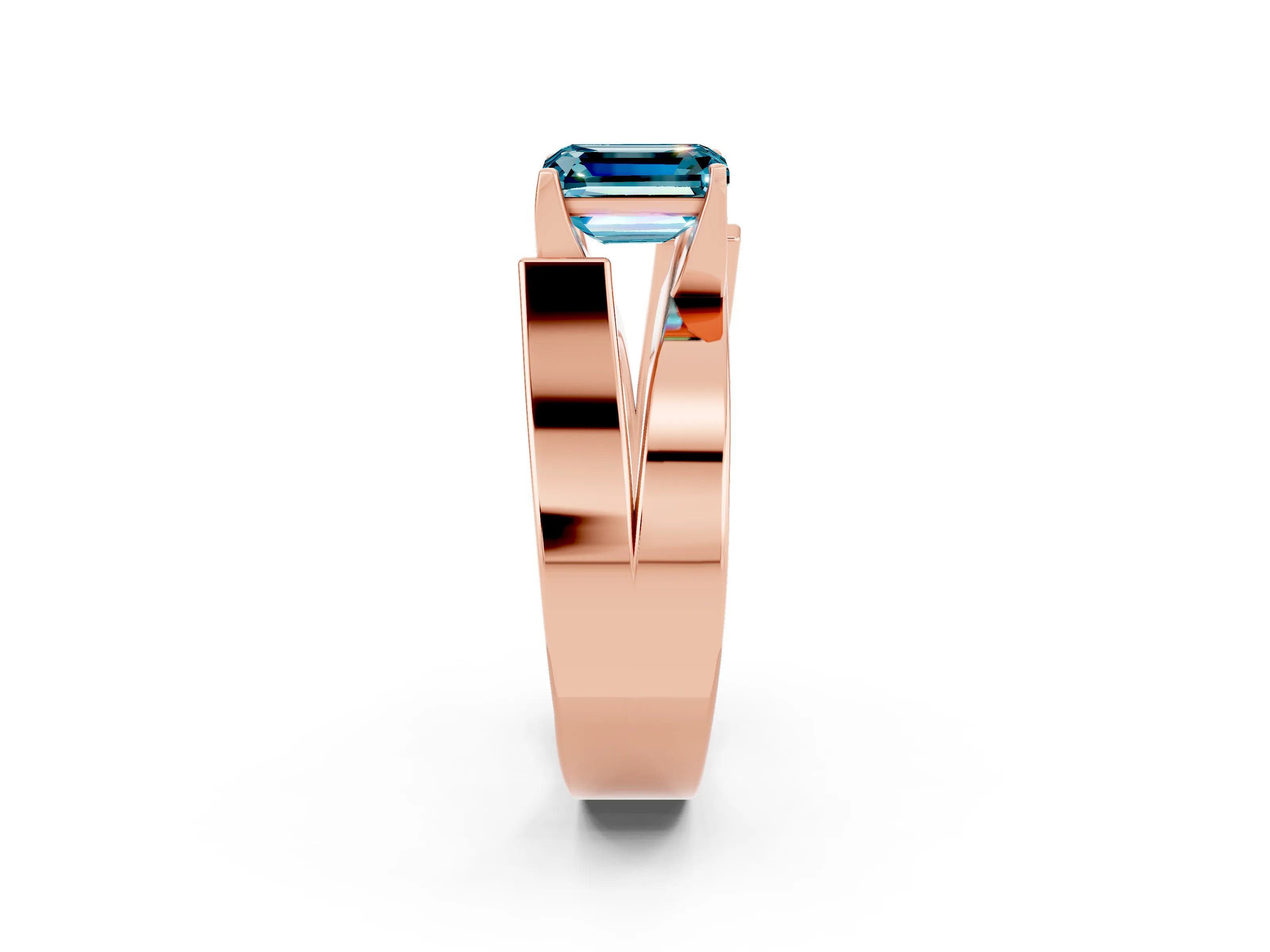 Rose gold Modern Tension Set Emerald Cut Blue Topaz Solitaire Wide Band Ring_2