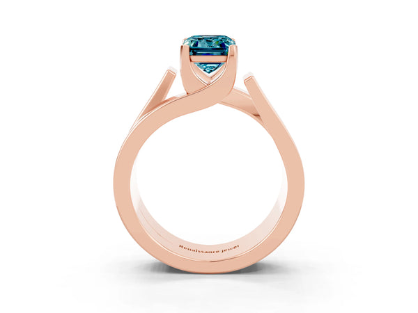 Rose gold Modern Tension Set Emerald Cut Blue Topaz Solitaire Wide Band Ring