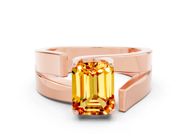 Rose gold Modern Tension Set Emerald Cut Citrine Solitaire Wide Band Ring