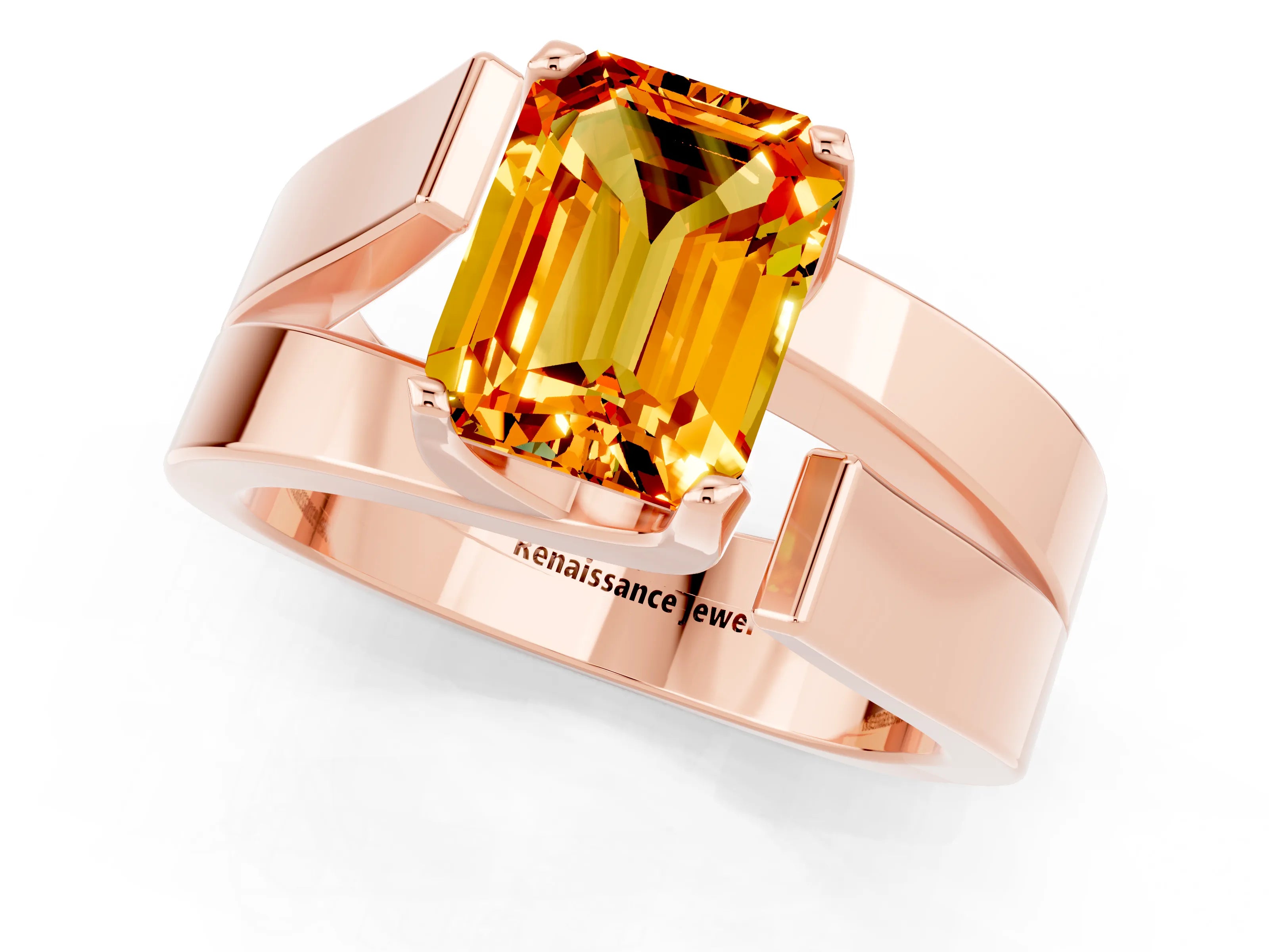 Rose gold Modern Tension Set Emerald Cut Citrine Solitaire Wide Band Ring_1