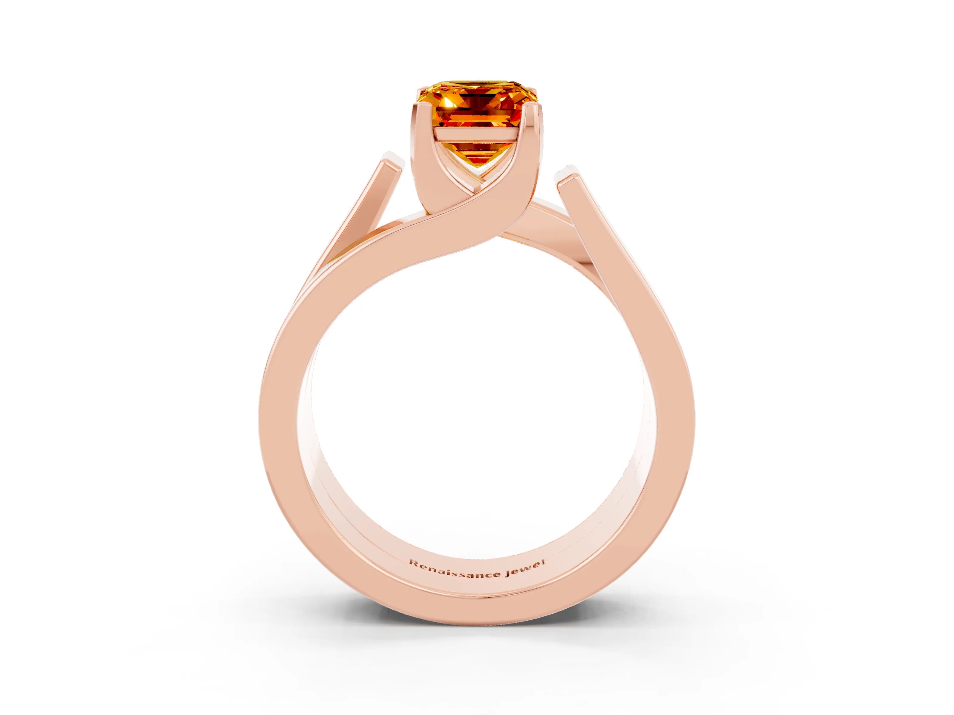 Rose gold Modern Tension Set Emerald Cut Citrine Solitaire Wide Band Ring_3