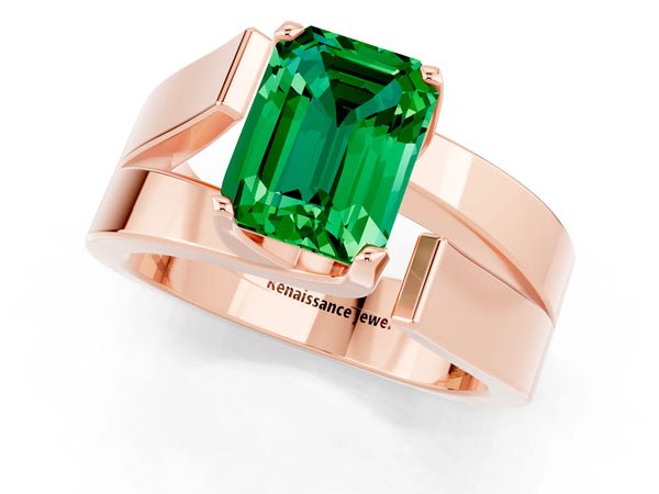 Rose gold Modern Tension Set Emerald Cut Emerald Solitaire Wide Band Ring