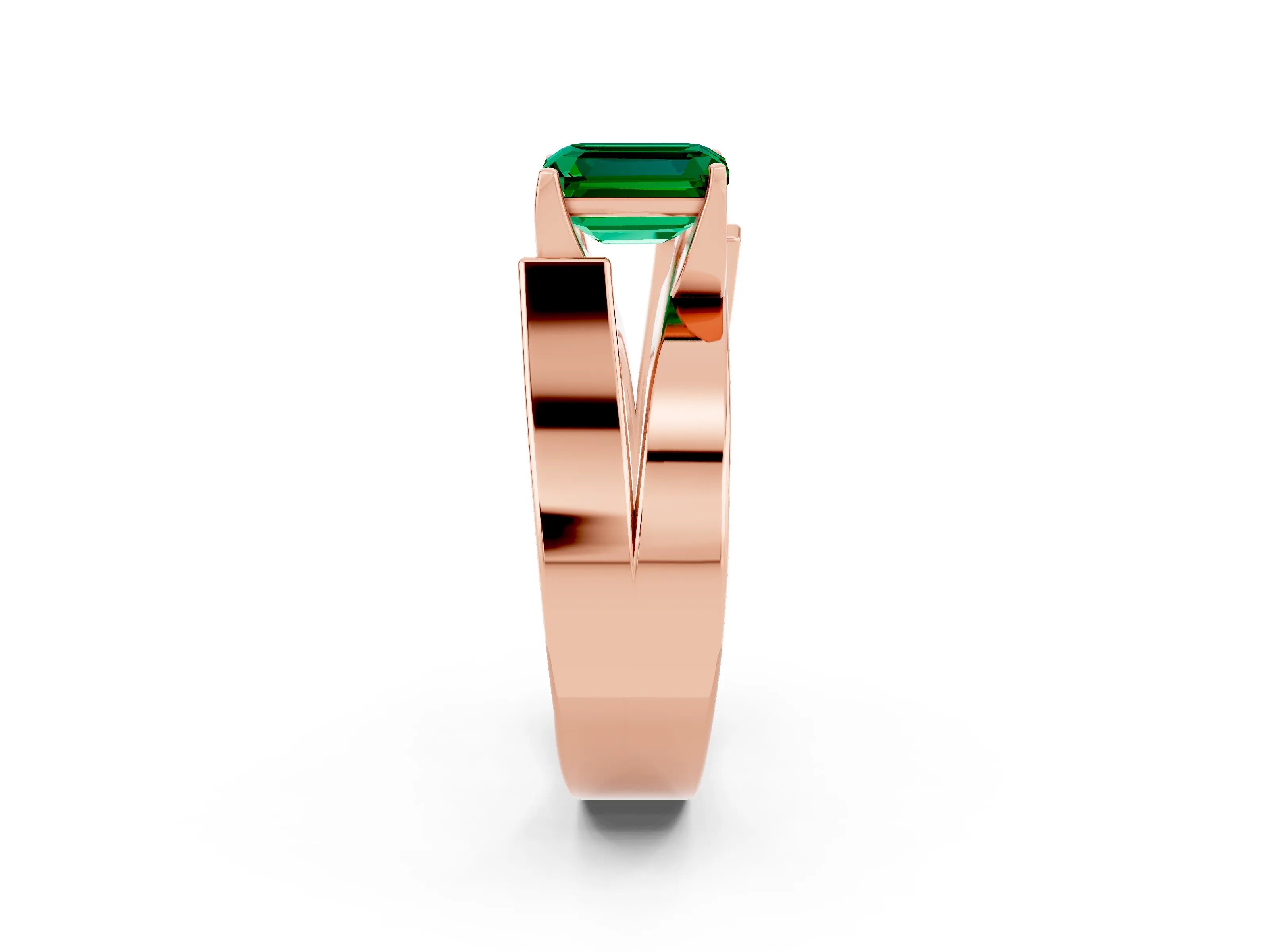 Rose gold Modern Tension Set Emerald Cut Emerald Solitaire Wide Band Ring_2