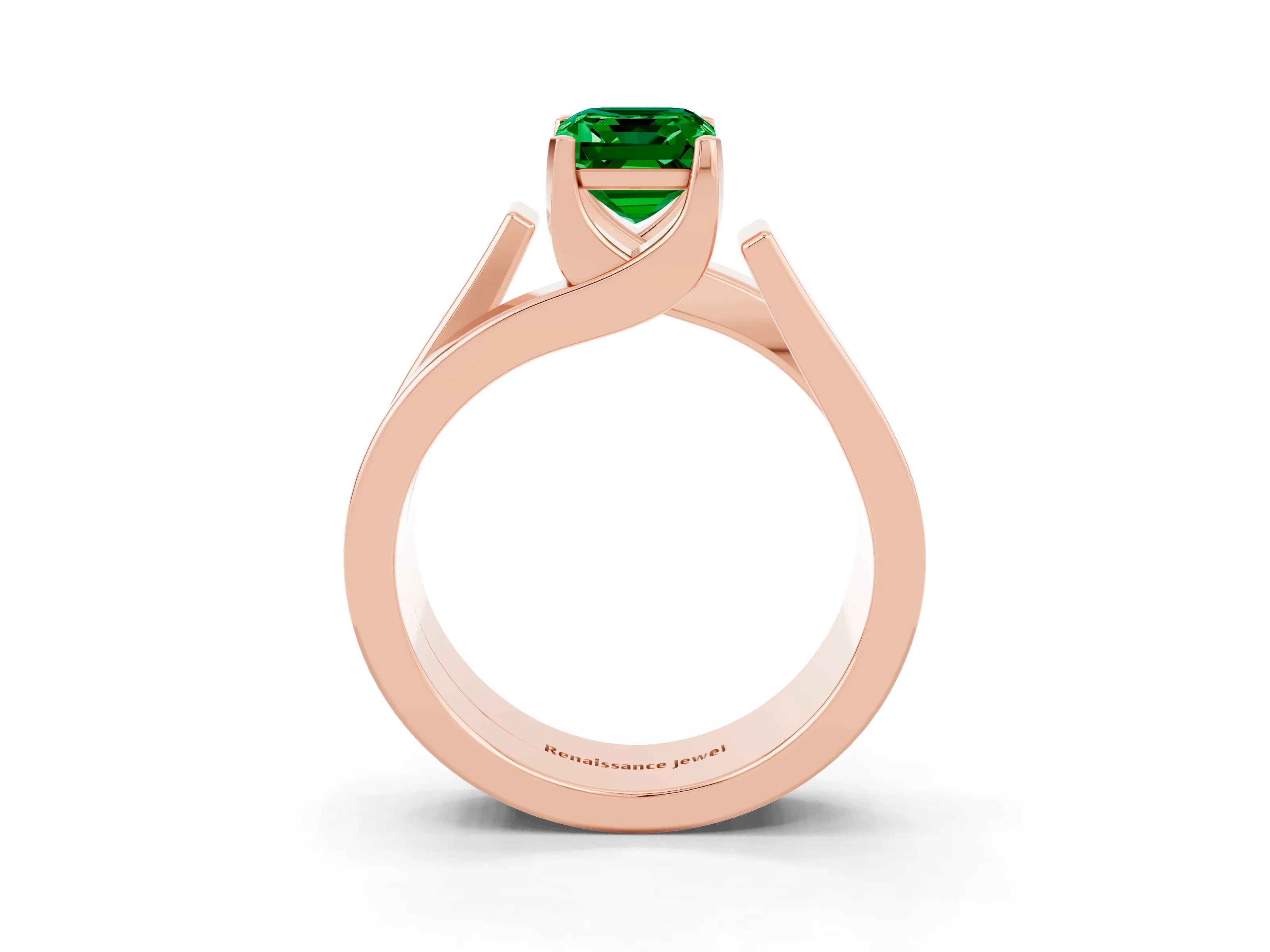 Rose gold Modern Tension Set Emerald Cut Emerald Solitaire Wide Band Ring_3